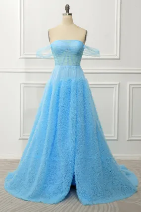 A Line Off the Shoulder Blue Corset Prom Dress with Ruffled