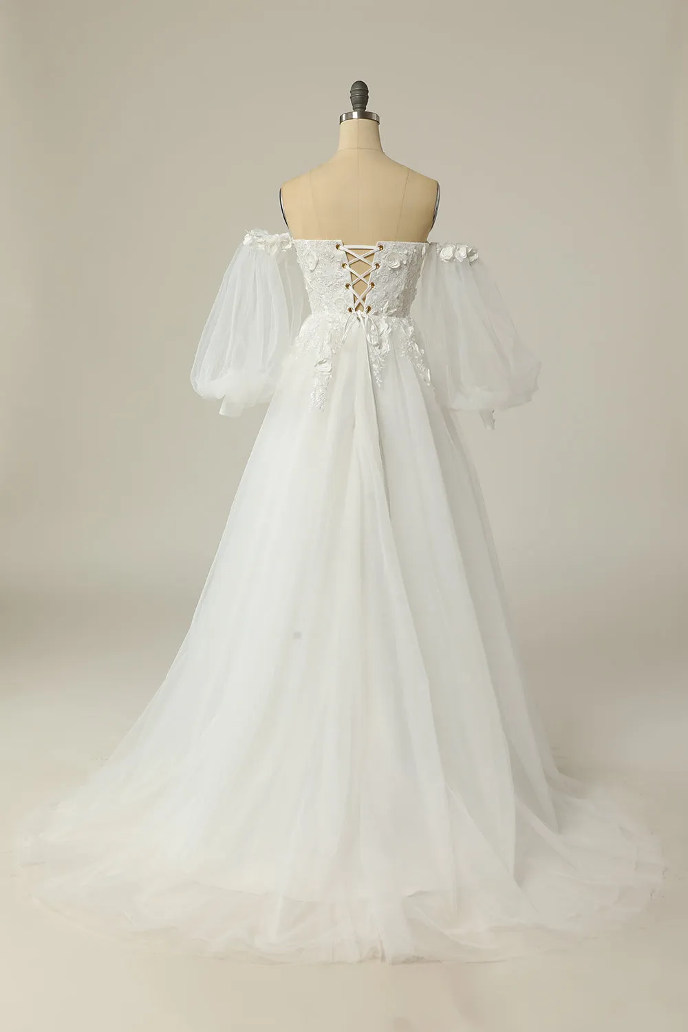 A Line Off the Shoulder Ivory Bridal Dress with Long Sleeves