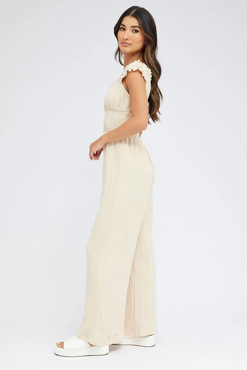 Beige Jumpsuit Short Sleeve Off Shoulder Shirred Cotton