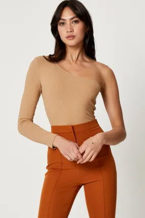 Beige One Shoulder Ribbed Top