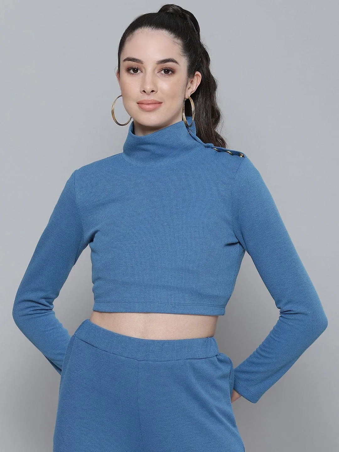 Blue Rib Turtle Buttoned Neck Crop Top