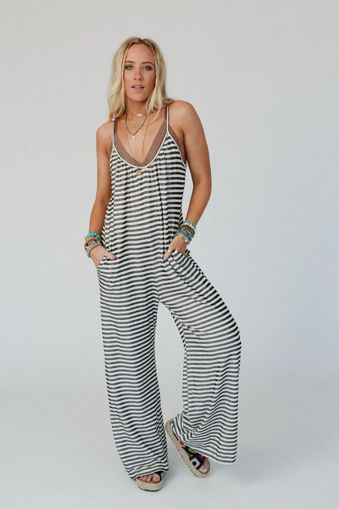 Chic Horizon V Neck Striped Jumpsuit - Black