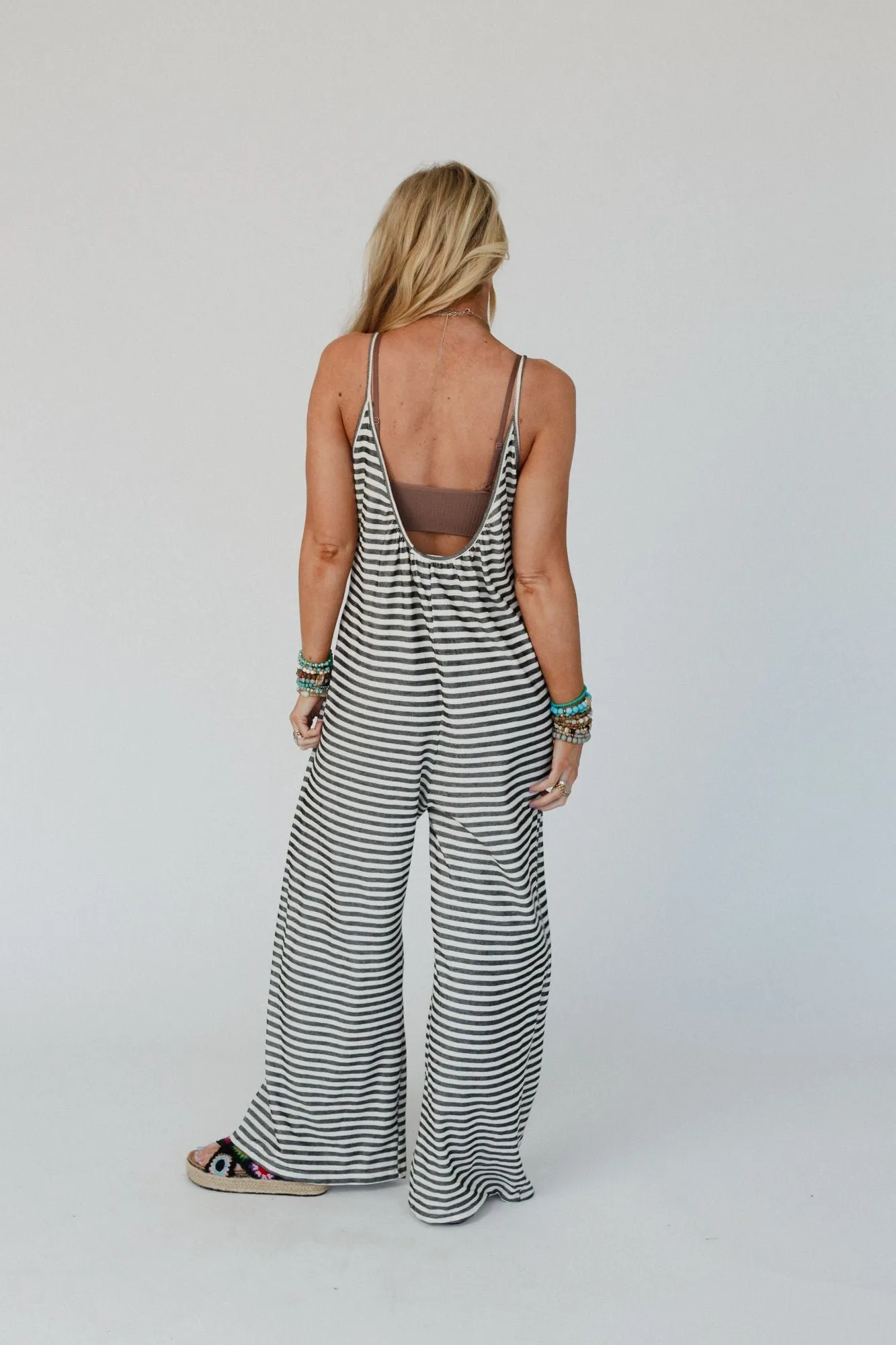 Chic Horizon V Neck Striped Jumpsuit - Black