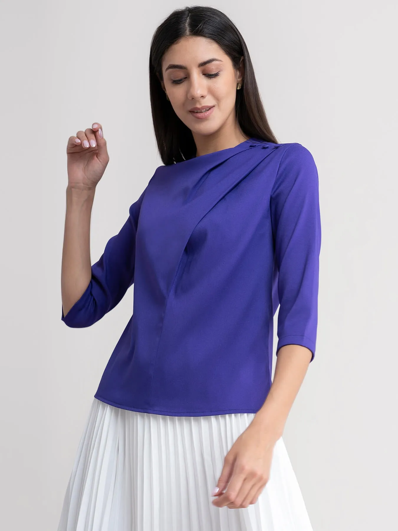 Crew Neck Side Pleat Top - Violet