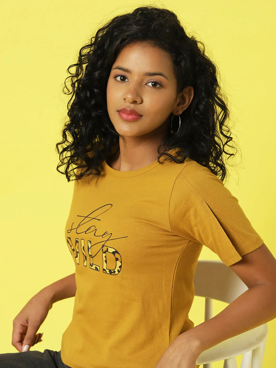 Dirty Yellow Typography Printed Half Sleeves Crop Top