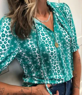 Green Tie Neck Jersey Top