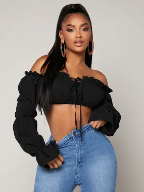 Long Sleeve Frill Trim Crop Top