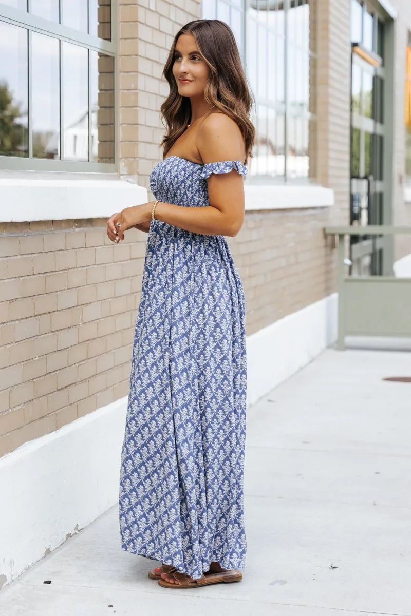 Navy Print Off The Shoulder Maxi Dress - FINAL SALE