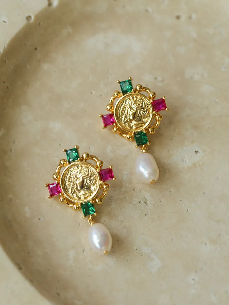 Vintage Coin Pearl Earrings