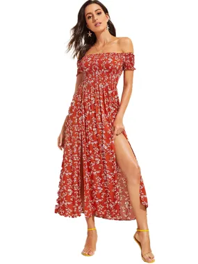 Women's Boho Floral Print Off Shoulder Dress